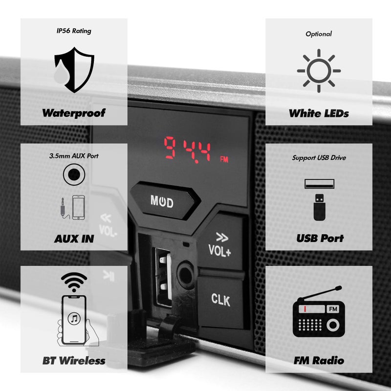 GoHawk مكبرات صوت دراجة نارية GoHawk مع أضواء LED، نظام صوتي مقاوم للماء بتقنية البلوتوث، قاعدة قابلة للتعديل بزاوية 360° لمقابض 7/8" إلى 1-1/4"، راديو FM/AUX/USB - Image 3